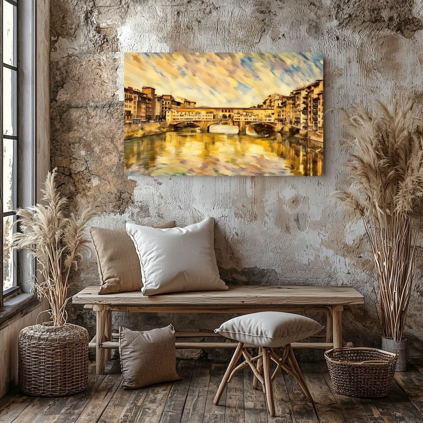 A vibrant digital oil painting of the Ponte Vecchio bridge over the Arno River in Florence, Italy,