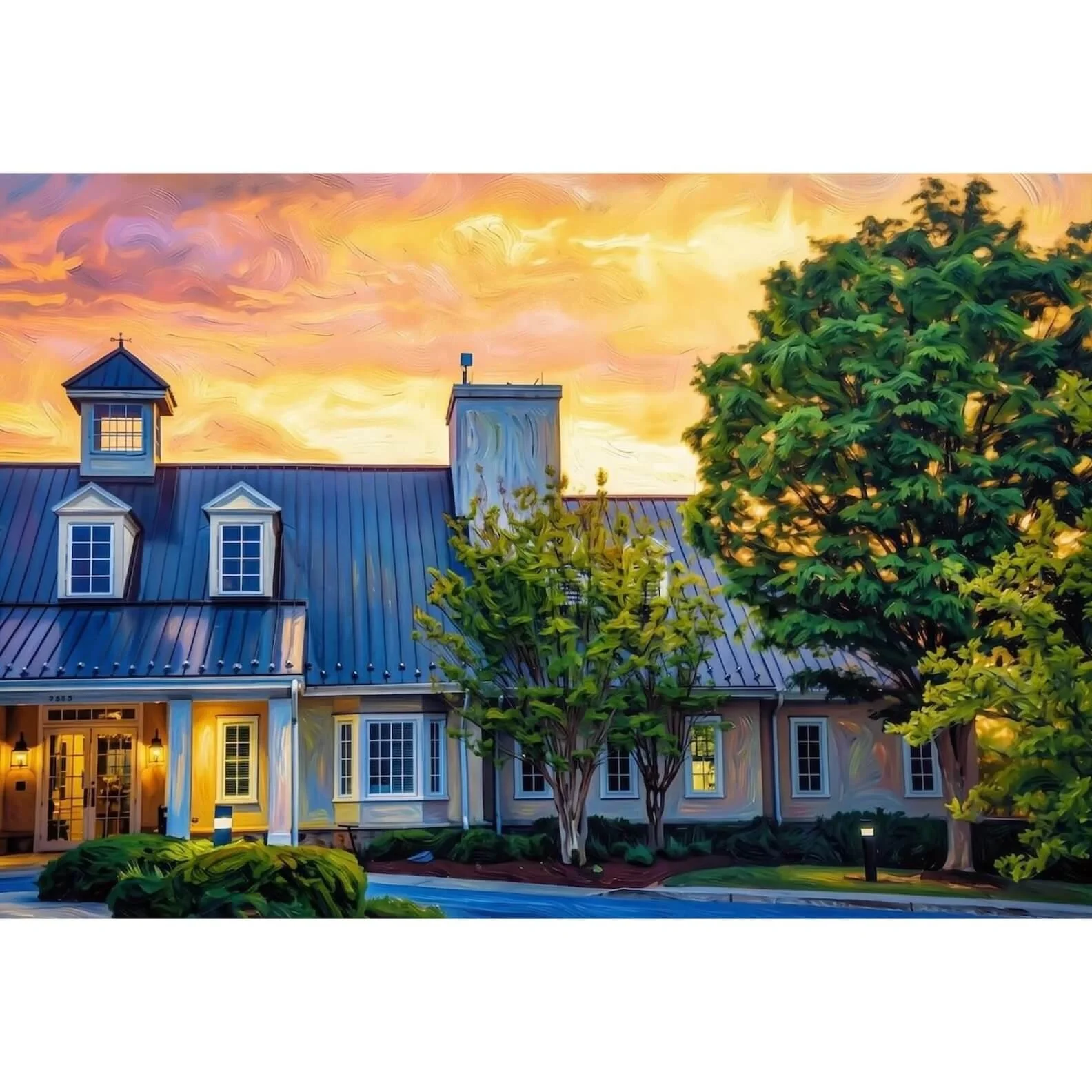 extured oil painting style canvas print of the Musket Ridge Golf Club clubhouse in Myersville, Maryland, featuring a luminous amber sunset sky, deep blue metal roof, and warm interior lights shining t
