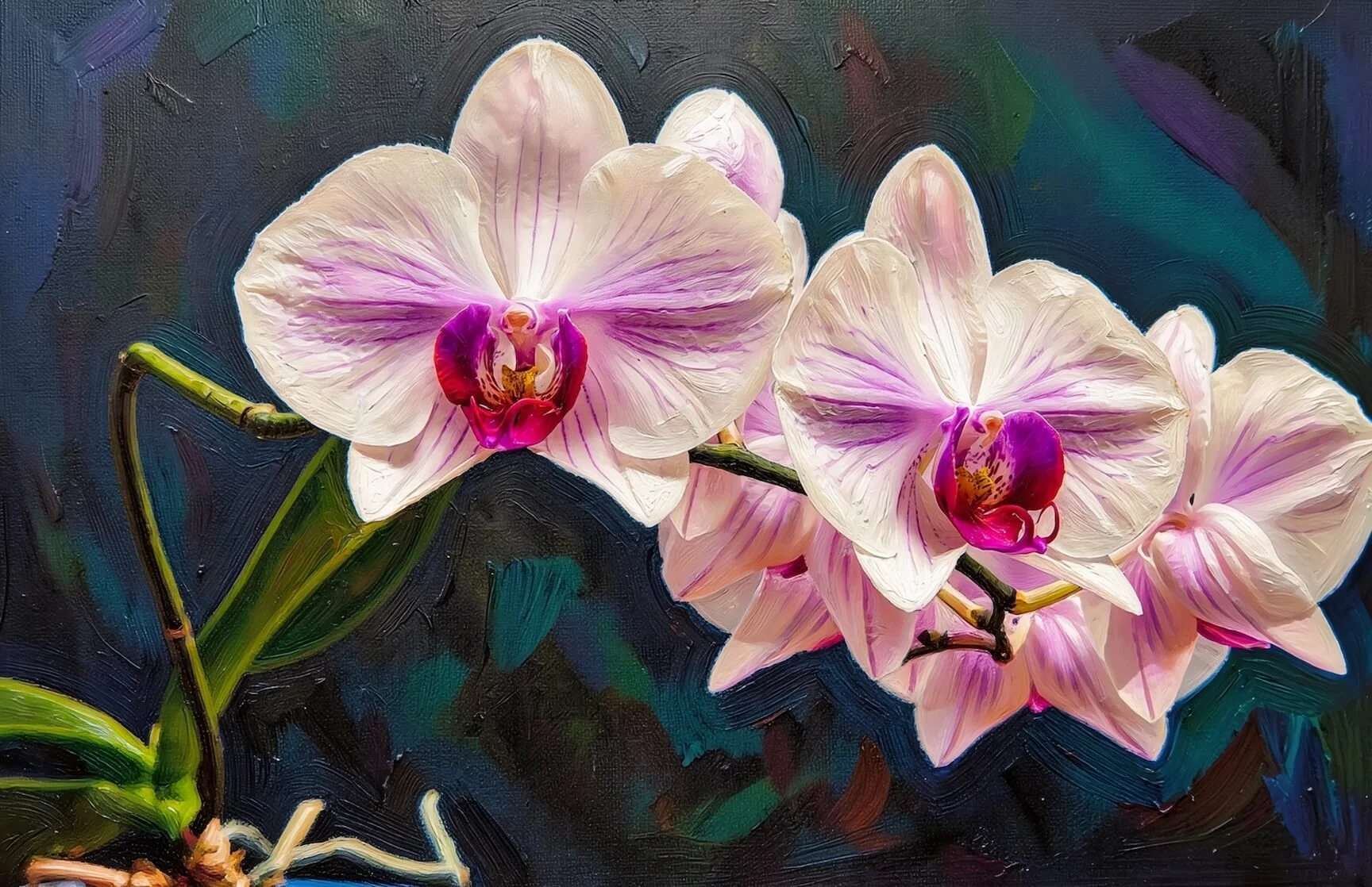 pink and white orchids on oil canvas