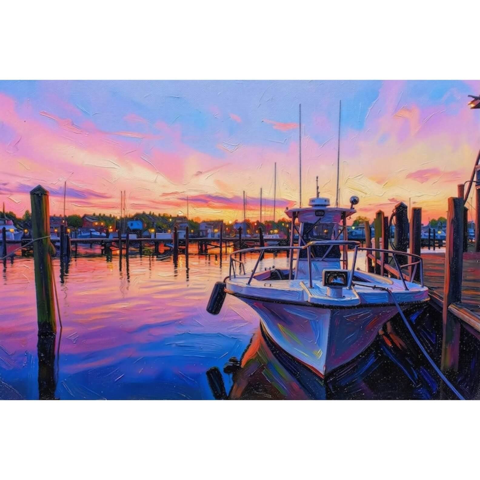Sunset Reflections Boat on Dock— Newport News, Virginia