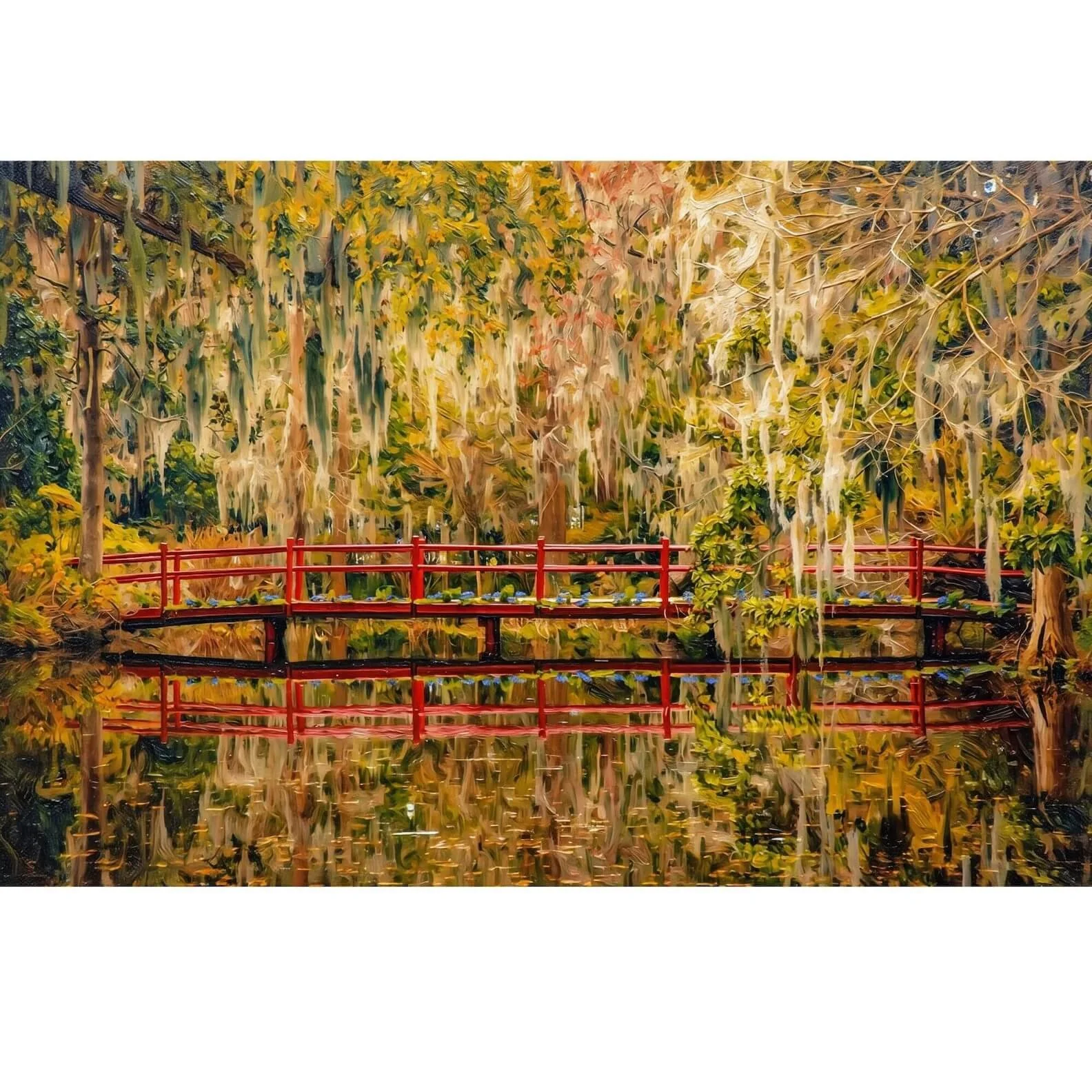 The Red Bridge at Magnolia Plantation Canvas Art — Southern Elegance