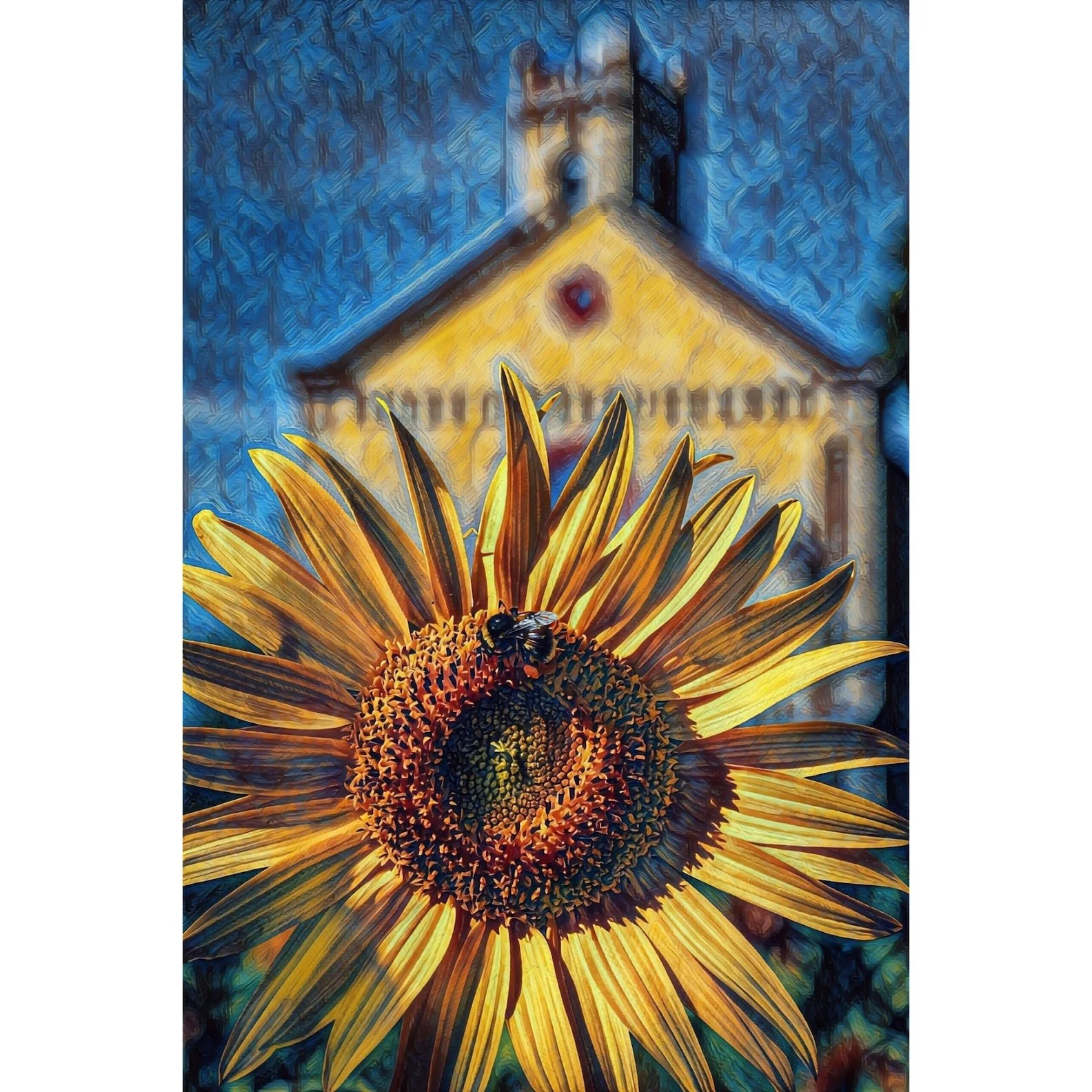 extured oil painting style canvas print of a vibrant, golden sunflower with a bumblebee, set against a historic stone church in Italy under a swirling blue sky.