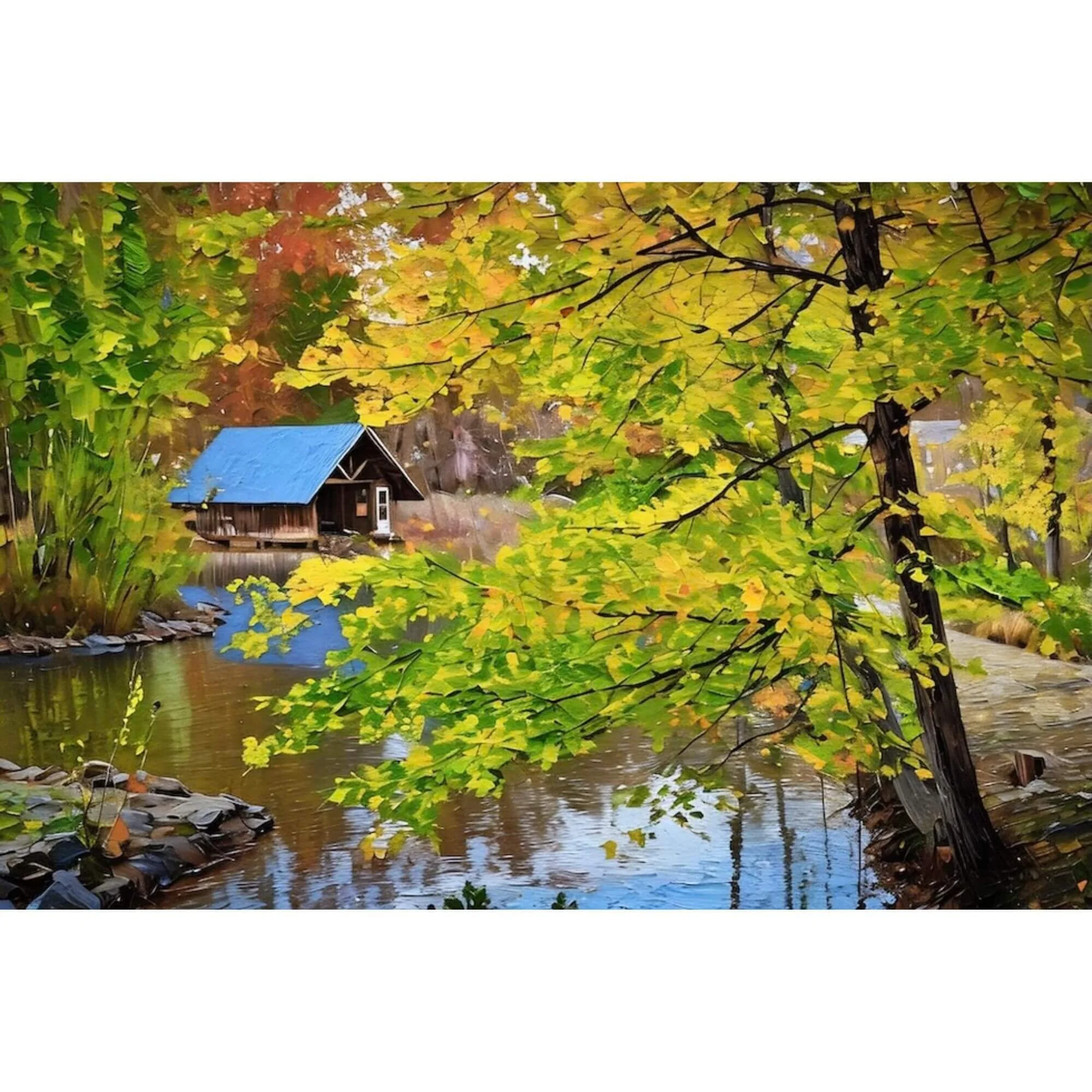 A colorful digital painting little cabin in the woods with a blue roof