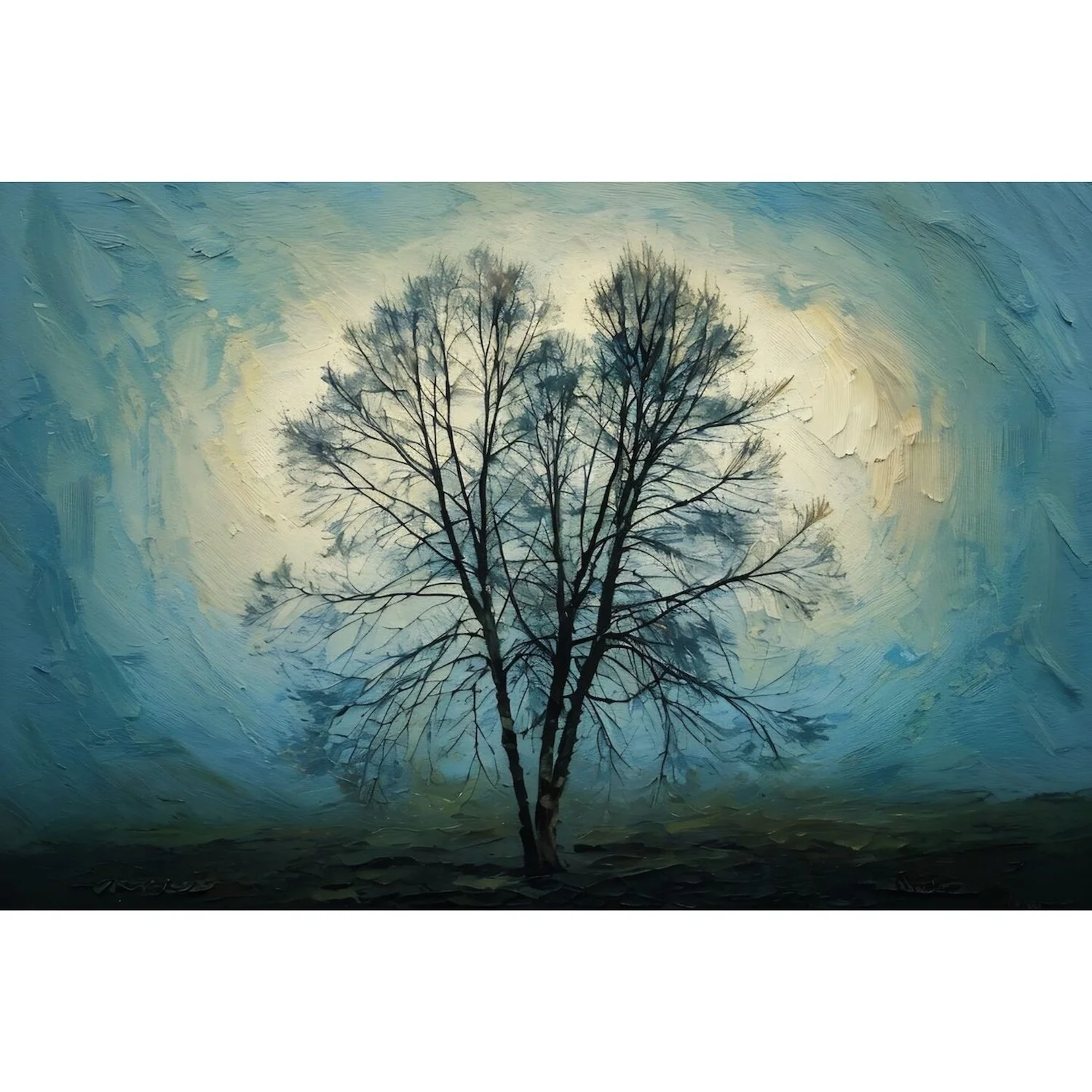 A moody digital oil painting of a single bare tree silhouette centered against a glowing white and blue sky with heavy impasto palette knife textures
