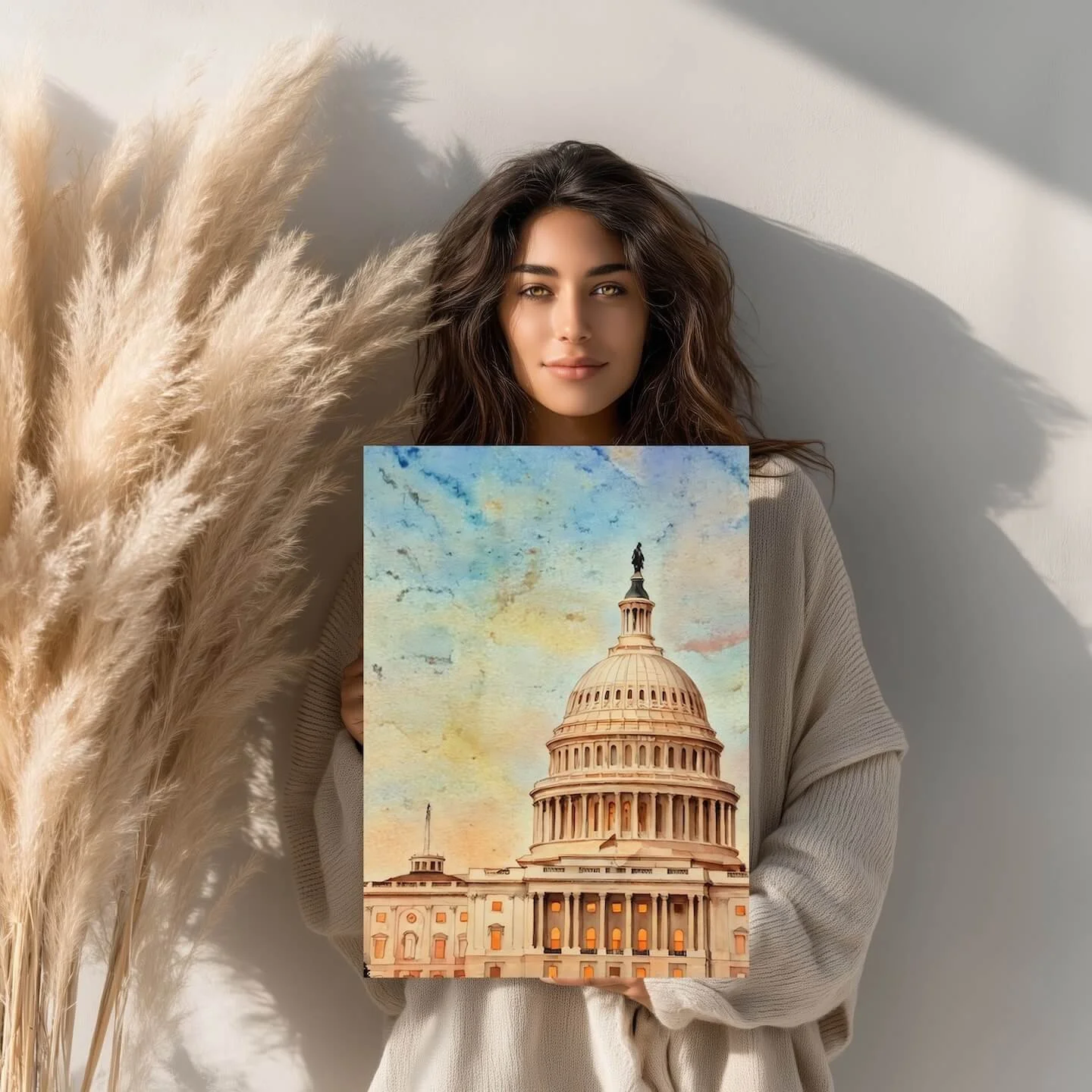 A breathtaking sunset view of the United States Capitol dome, reimagined through warm pastel oil brushstrokes. Available as a museum-grade 1.25" deep canvas mu. Free shipping included.