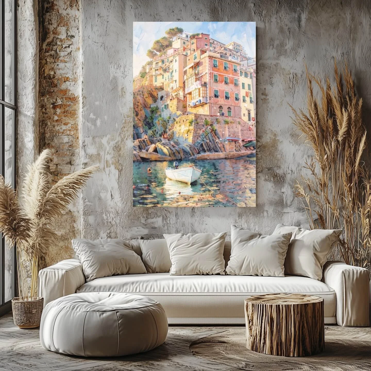 Vertical fine art photography canvas print of a pastel-colored Italian coastal village in Cinque Terre transformed into a vibrant watercolor painting mu