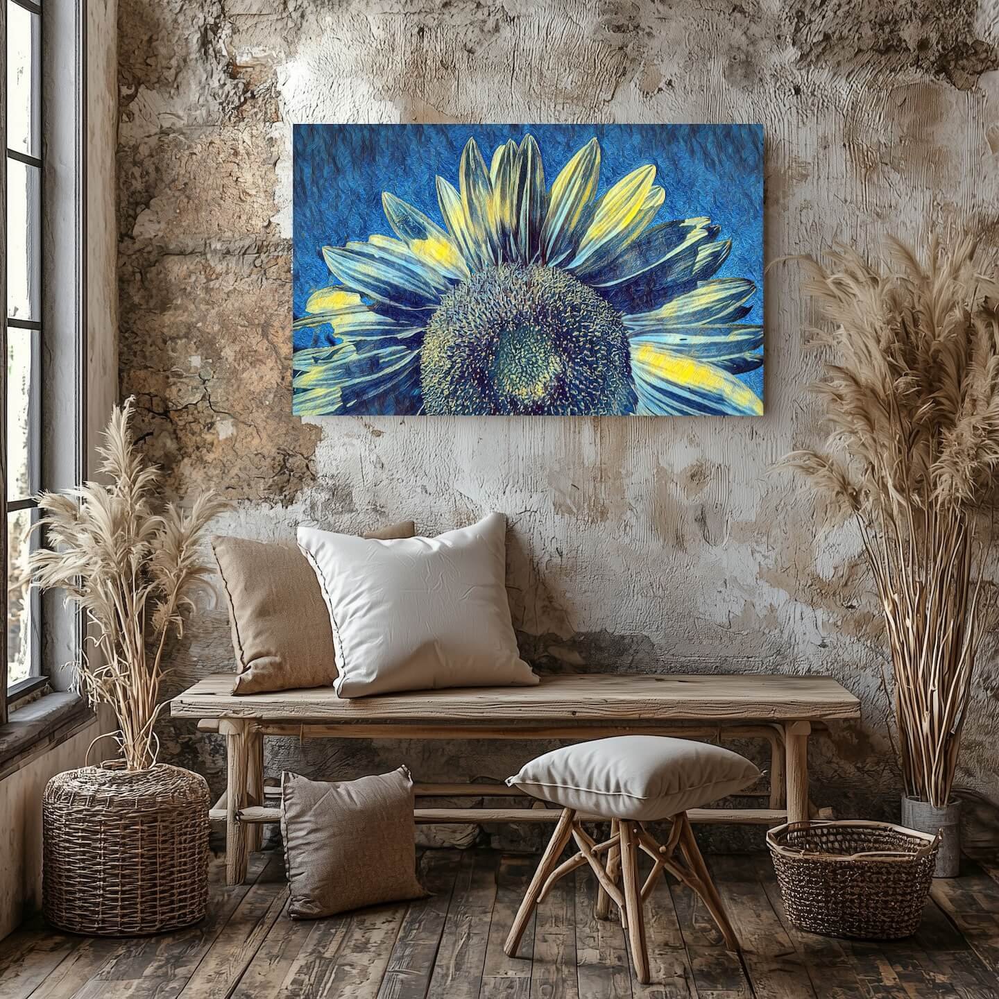 Close-up fine art print of a sunflower rendered in a textured impressionist oil painting style with thick yellow and gold brushstrokes entryway room
