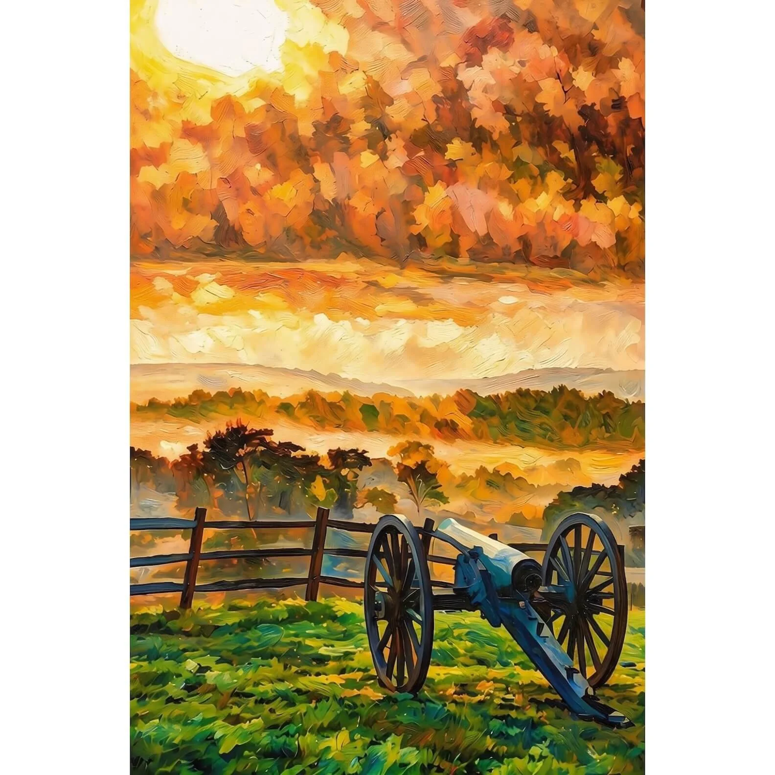 Historic Cannon Canvas Wall Art - Battlefield Sunset Autumn Landscape Oil Print