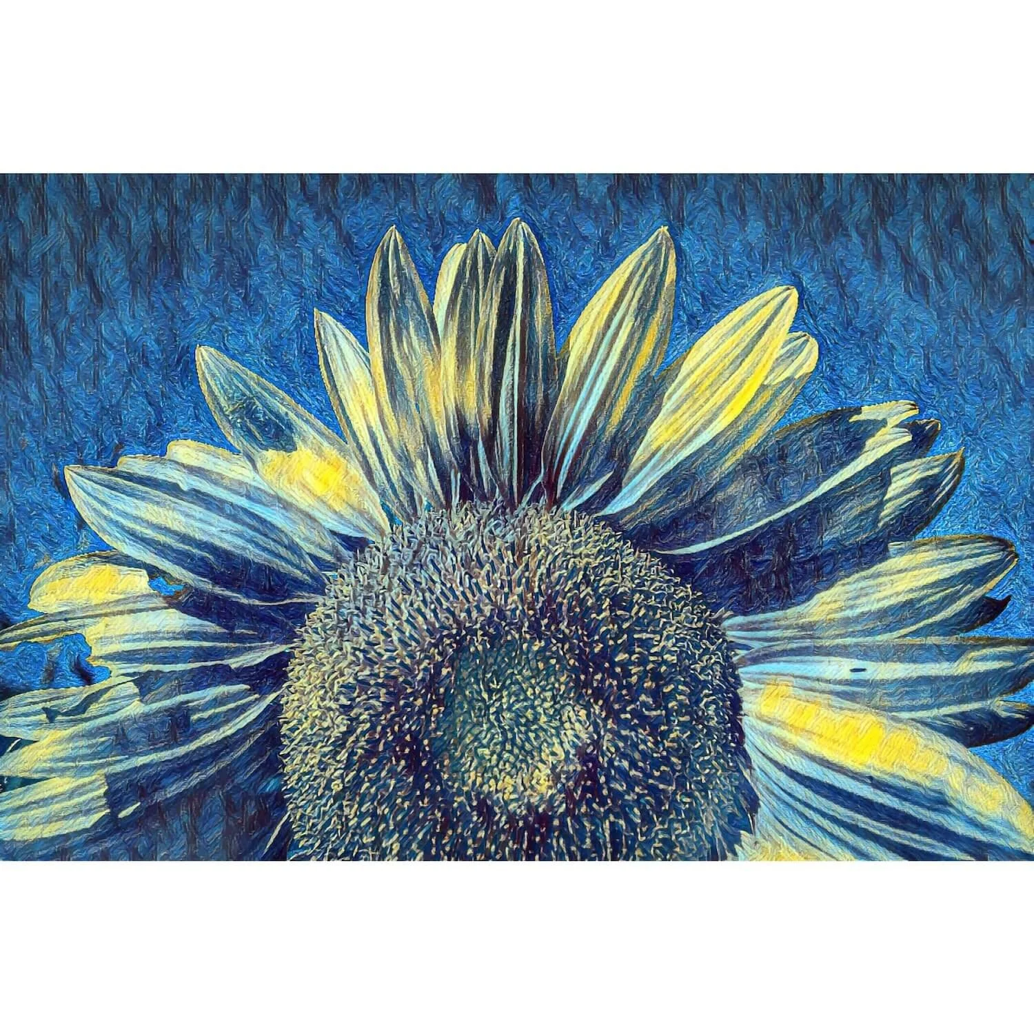 Close-up fine art print of a sunflower rendered in a textured impressionist oil painting style with thick yellow and gold brushstrokes