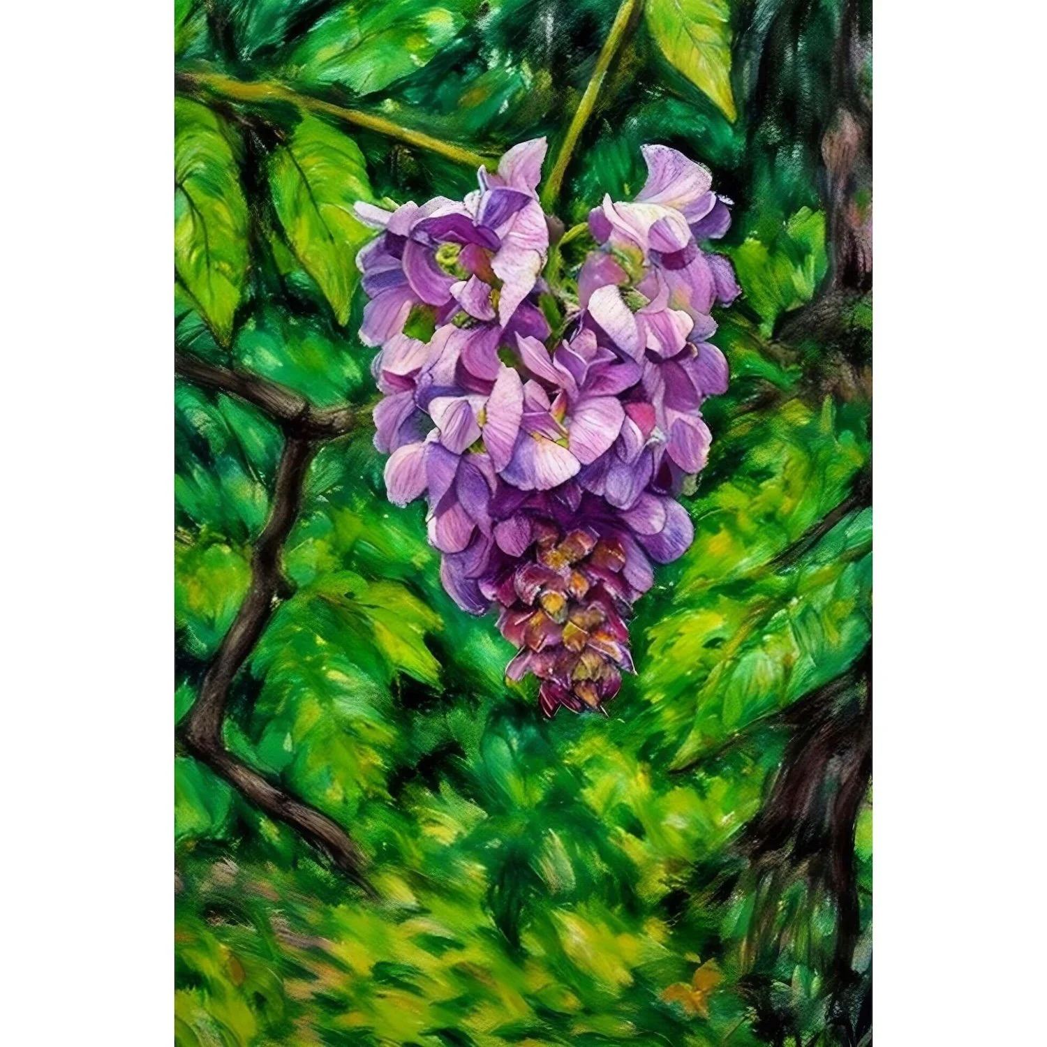 Bring the lush, vibrant beauty of spring indoors. This premium gallery wrap canvas print features cascading purple wisteria blossoms rendered in a rich, textured oil painting style.