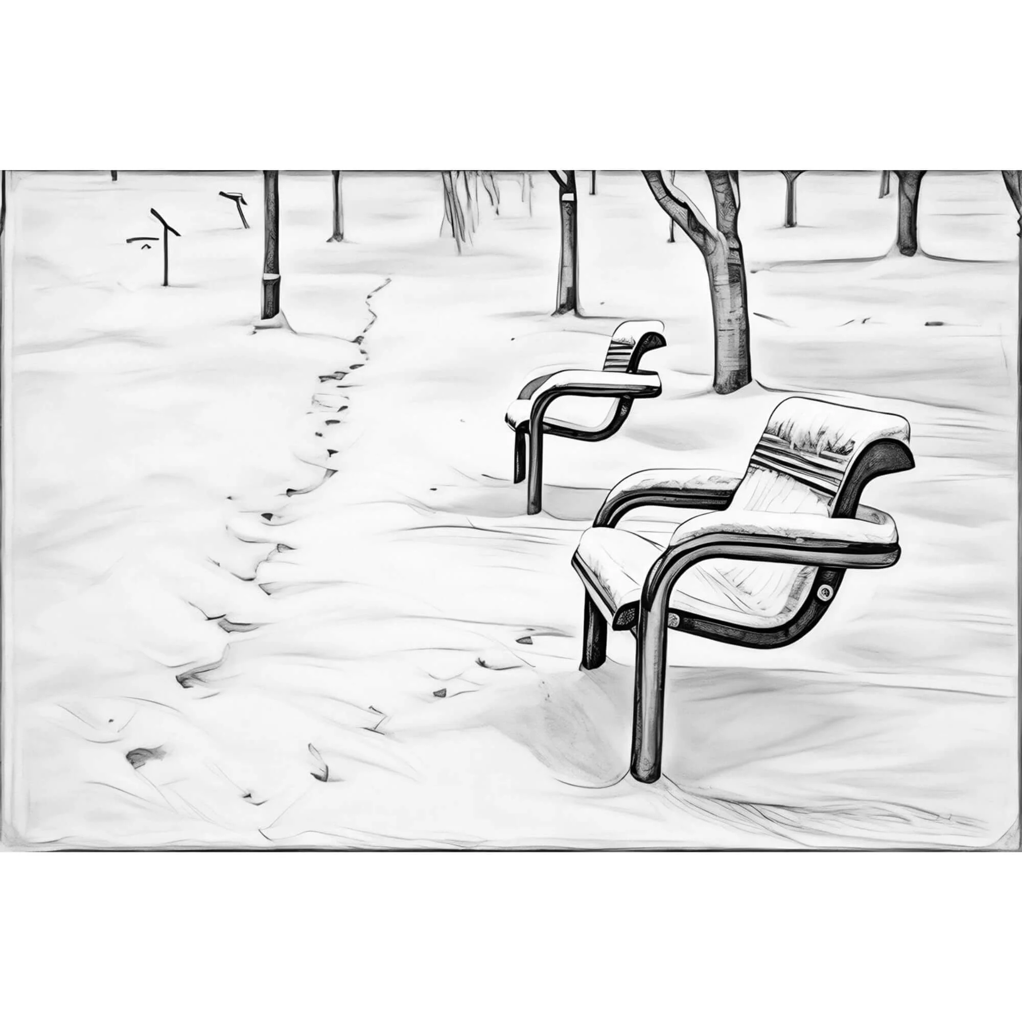 Lonely Bench Silent Winter — Fine Art Black & White Sketch Canvas Print