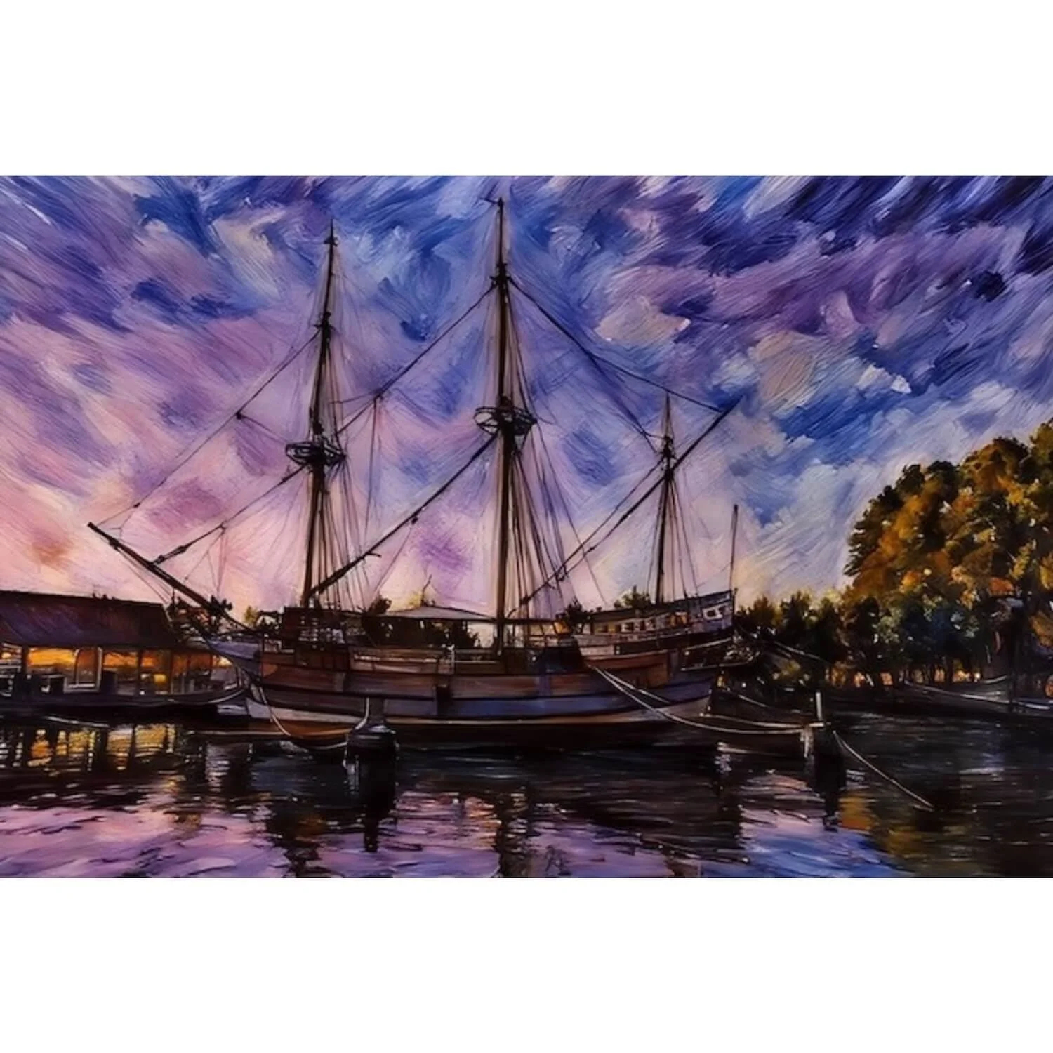 Jamestown Virginia historic tall ship maritime canvas print by Whysall World, premium fine art sunset harbor landscape wall decor on gallery wrap canvas.