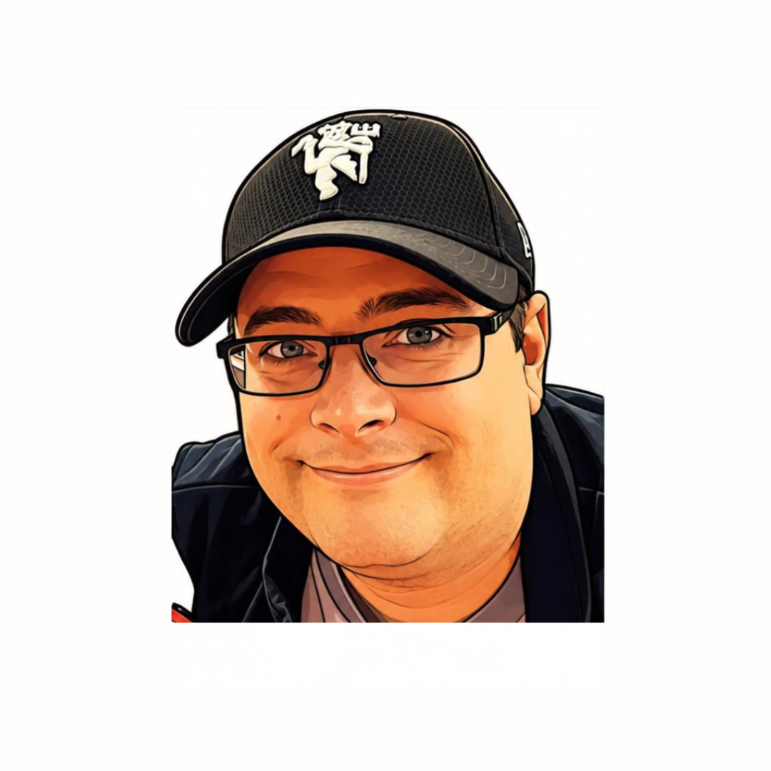 A digital illustration of a man wearing a black cap with white and black logo, glasses, and a black jacket, smiling at the camera.
