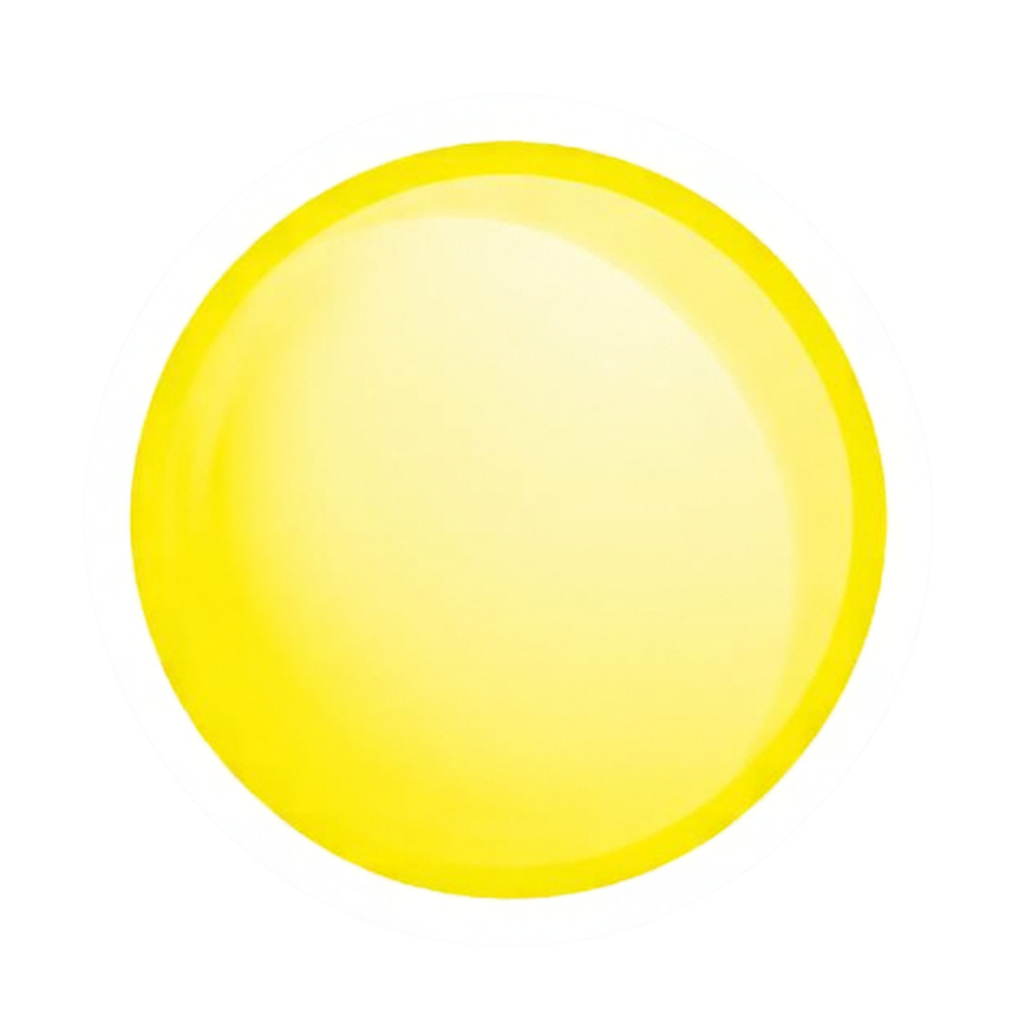 Close-up of a round sticker with yellow and white concentric circles on a black background.