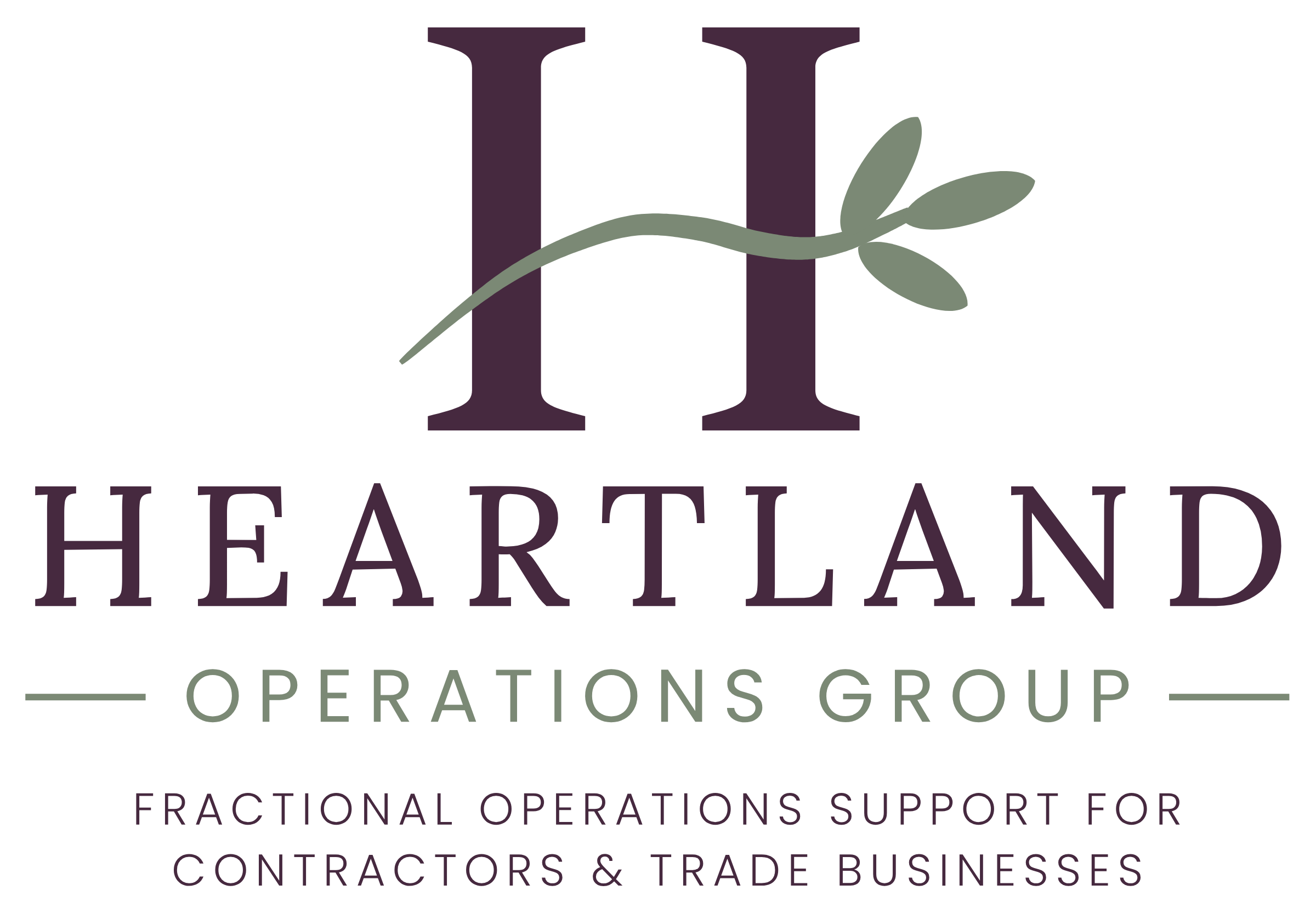 Logo for Highland Healthcare Operations Group with a large purple letter H, a green olive branch, and text indicating services for fractional operations support for contractors and trade businesses.