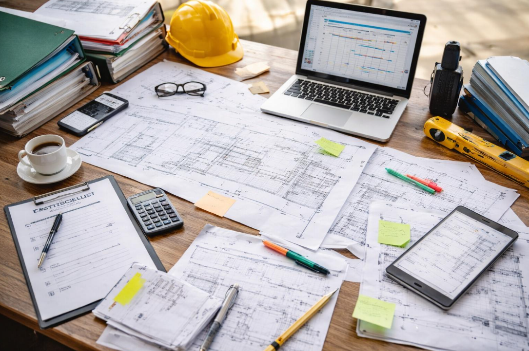 Architectural blueprints and plans spread out on a wooden desk, with various office supplies, a laptop displaying a project schedule, a smartphone, construction helmet, and measuring tools scattered across.
