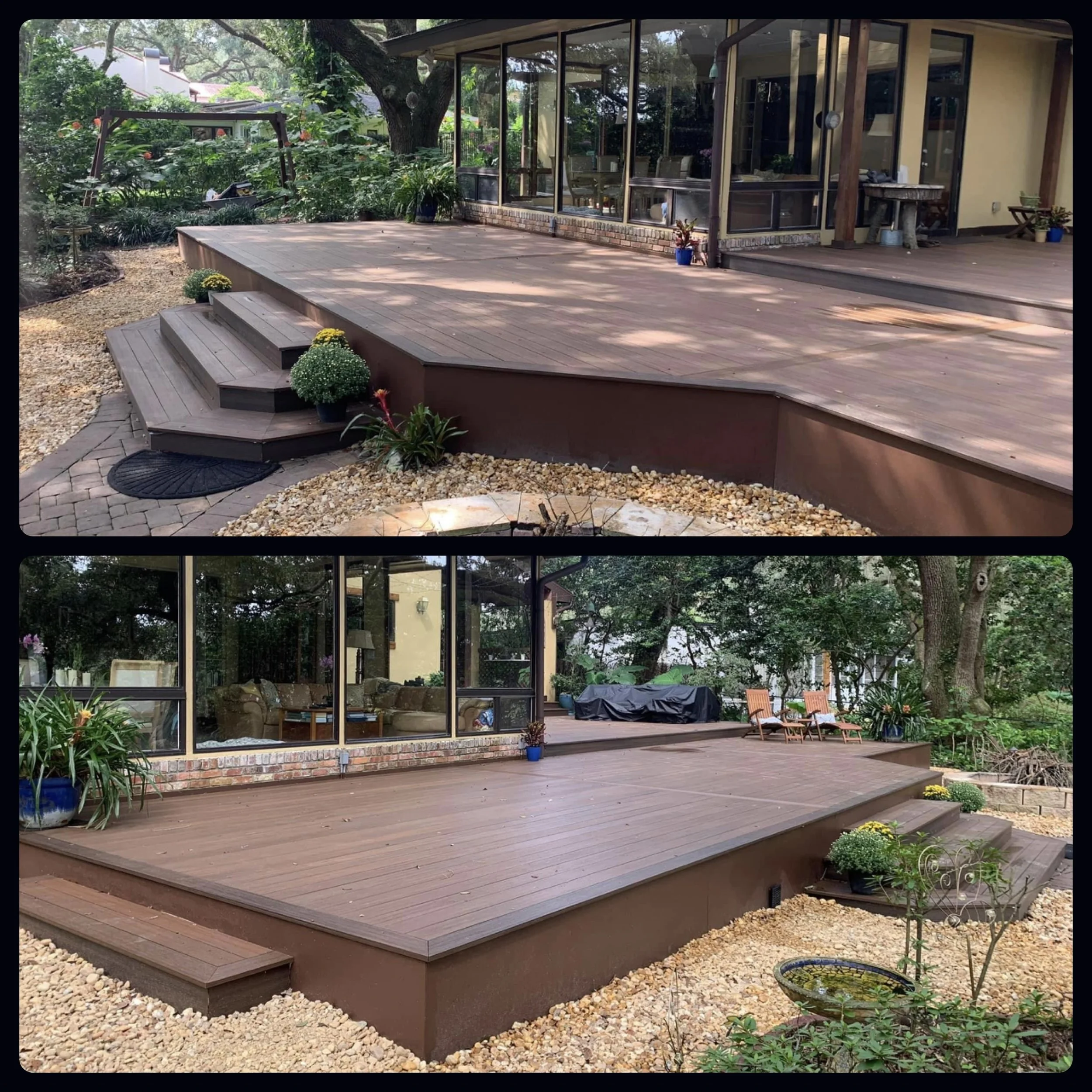 Completed wood deck with steps beside a screened patio