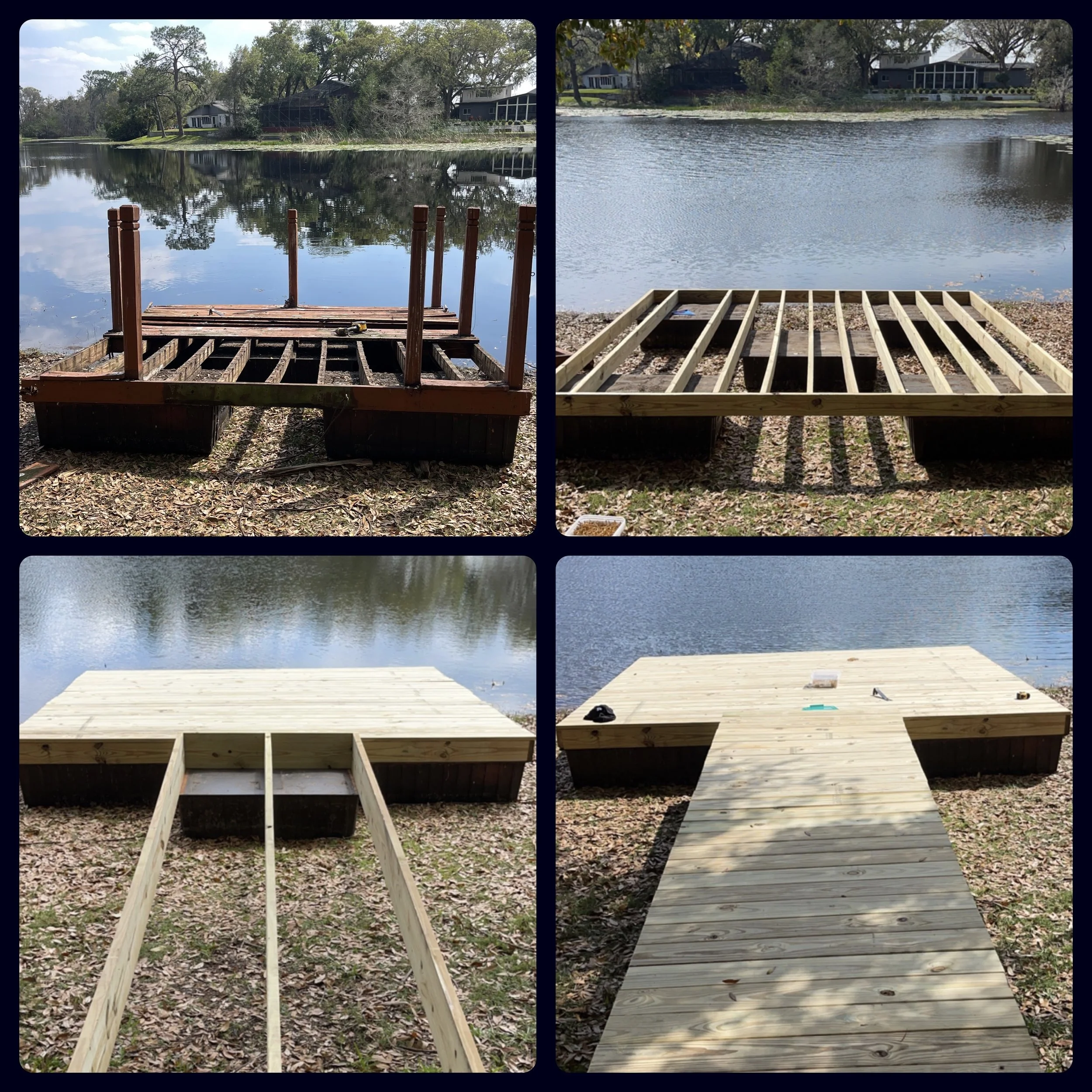 New wood decking on a lakeside dock and walkway