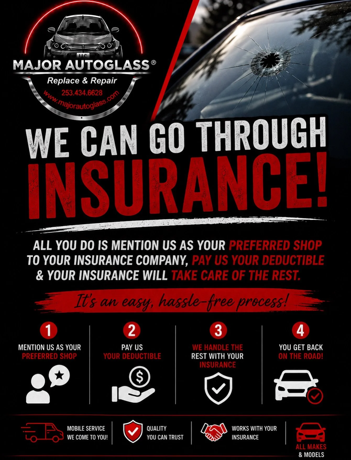 💥 Insurance claim? We&rsquo;ve got you covered! 🚗🪟

Getting your auto glass replaced is easier than you think. Just tell your insurance company you want Major AutoGlass as your preferred shop, pay your deductible (if applicable), and we&rsquo;ll h