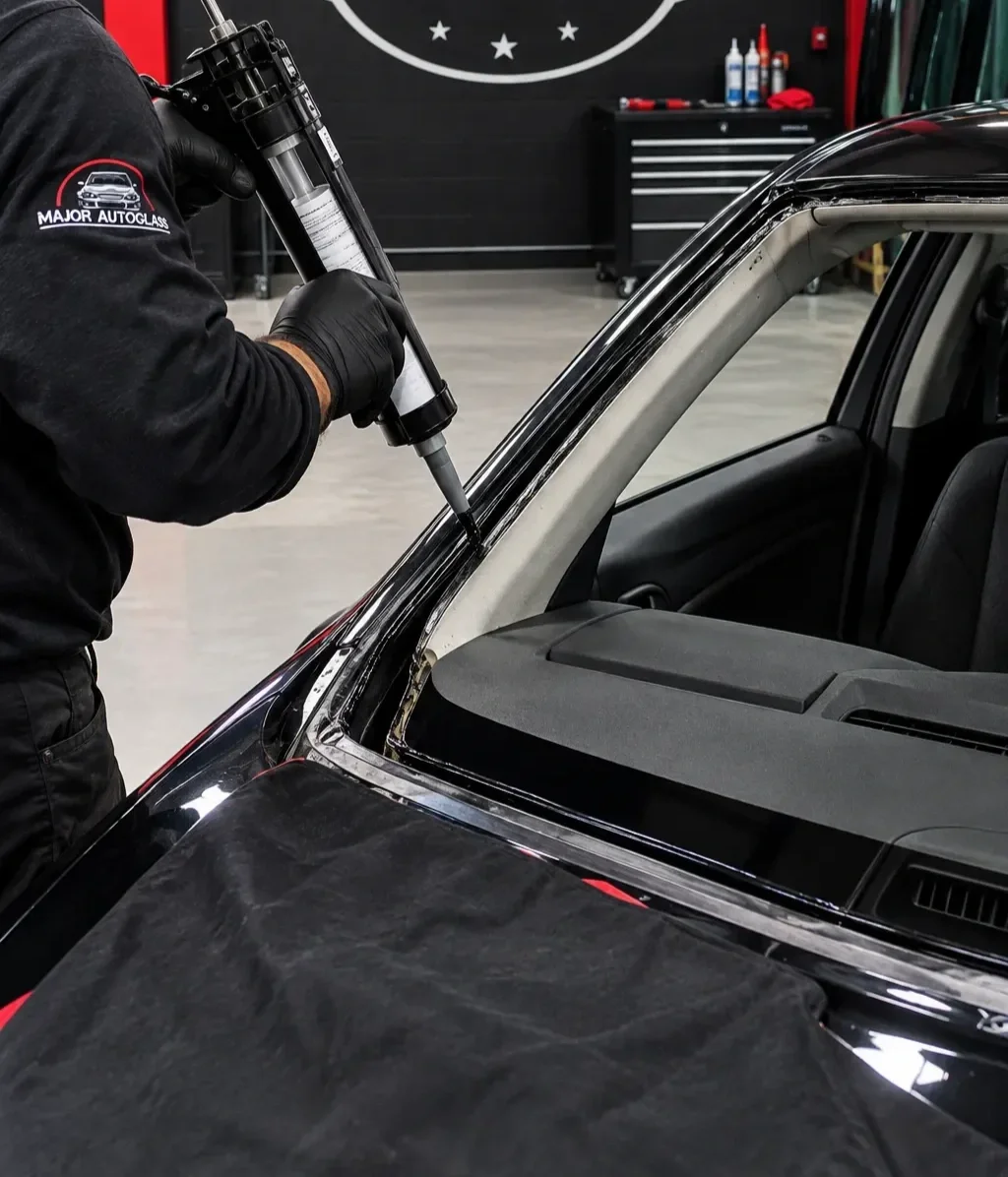 A person wearing a black shirt and black glove is applying clear film to a car's rear window frame using a large syringe-like tool inside an auto glass workshop.