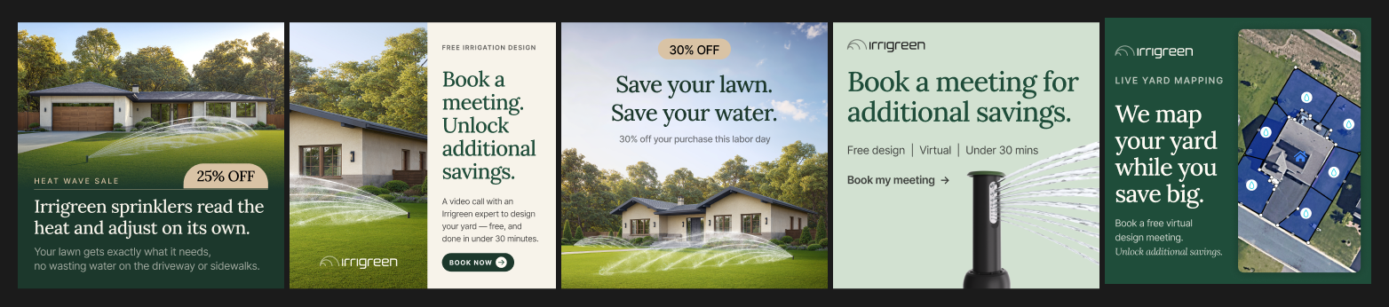Irrigreen smart sprinkler advertising collage featuring a landscaped home, water-saving irrigation, 25% and 30% off offers, meeting booking, and live yard mapping