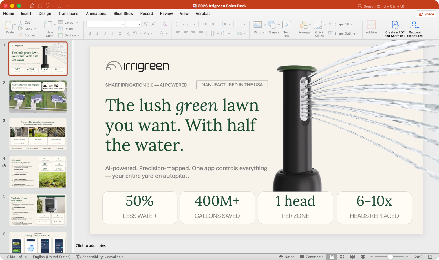 Irrigreen sales deck slide promoting an AI-powered smart sprinkler that delivers a lush lawn with half the water, featuring a sprinkler head spraying water and metrics for water savings, gallons saved, zone coverage, and heads replaced.