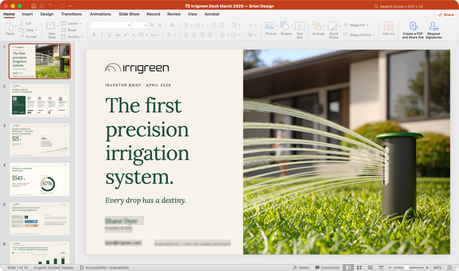 PowerPoint slide for Irrigreen featuring a precision irrigation system watering a lawn outside a modern home
