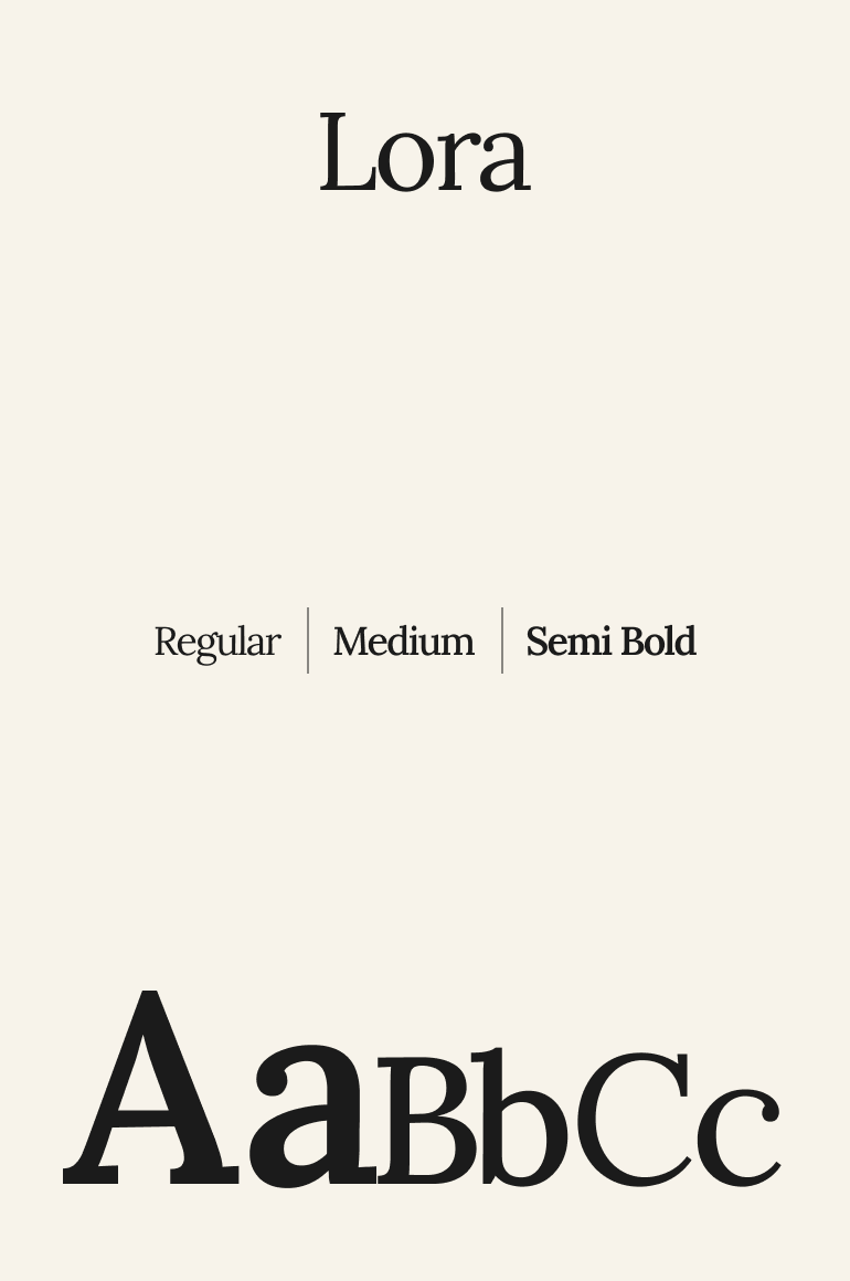 Lora serif font specimen showing Regular, Medium, and Semi Bold weights with uppercase and lowercase AaBbCc