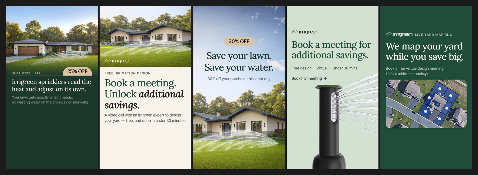 IrriGreen irrigation system ad collage featuring smart sprinklers watering residential lawns, promotional savings, free irrigation design, and live yard mapping.