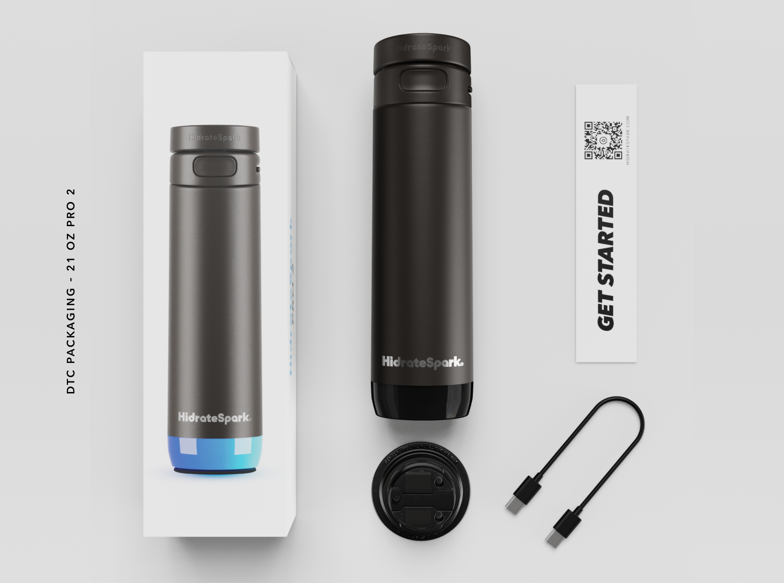 HydrateSpark smart water bottle packaging with illuminated bottle, replacement lid, charging cable, and QR code card