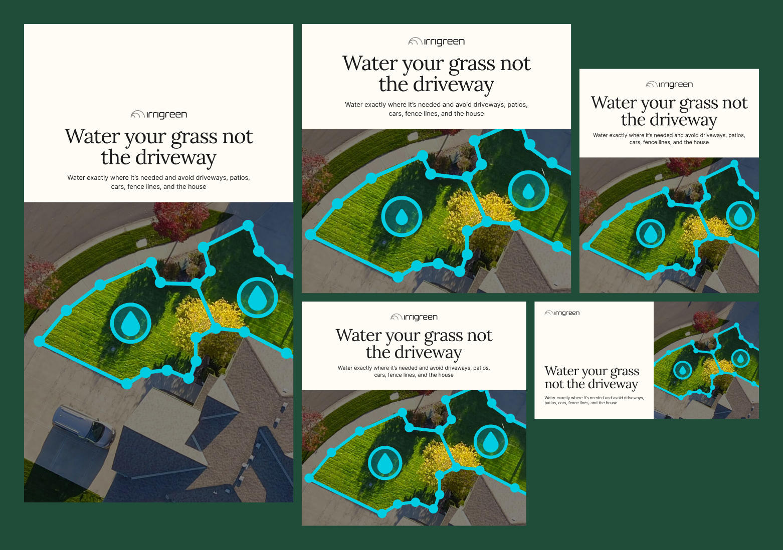 Irrigreen graphic showing aerial lawn watering zones outlined in blue with water-drop icons and the message, “Water your grass not the driveway.”