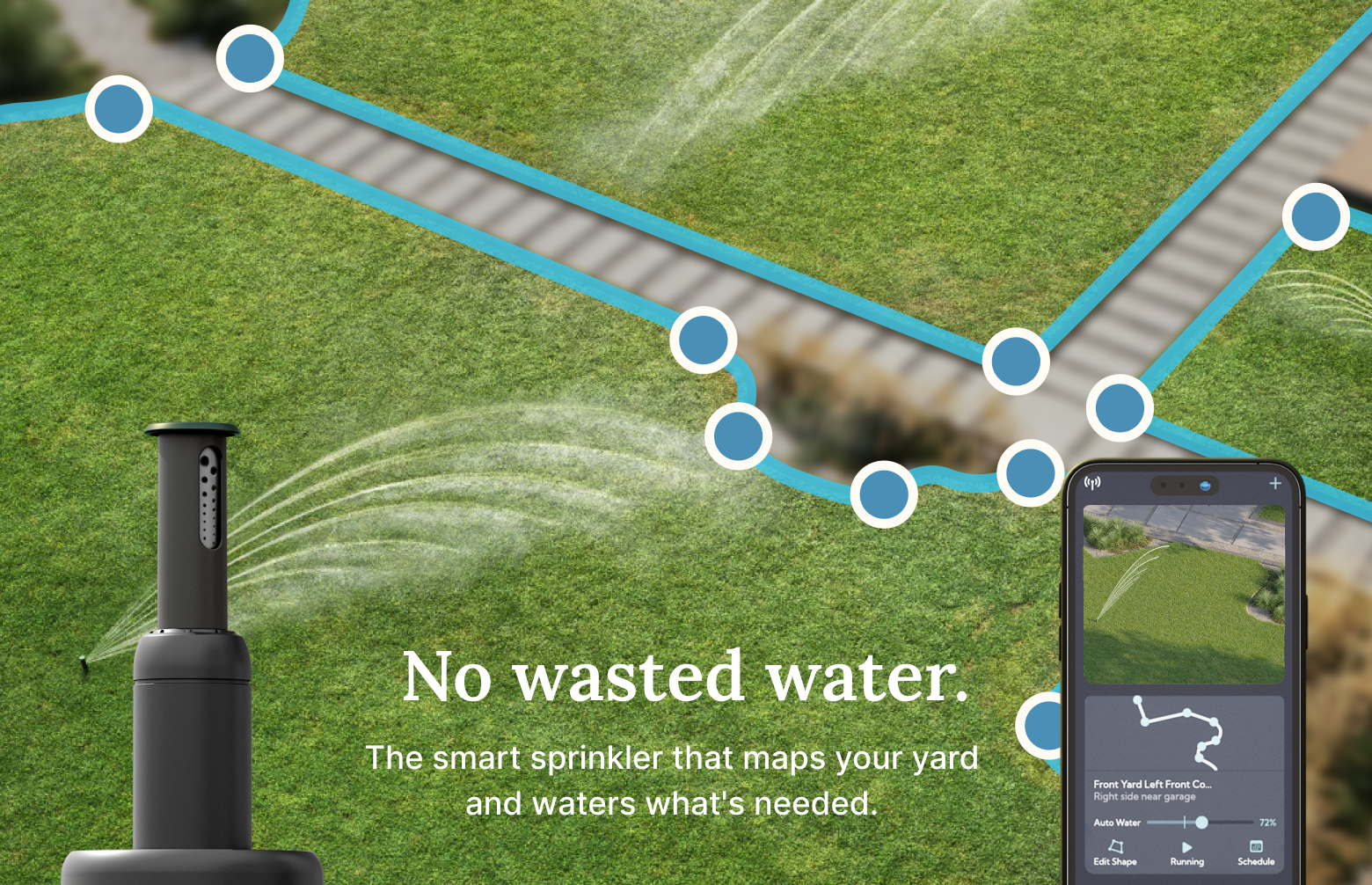Smart sprinkler watering a mapped lawn with a smartphone app showing irrigation zones and the message “No wasted water.”