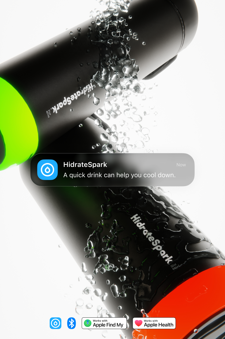 HydrateSpark smart water bottles covered in water droplets with a hydration reminder notification and Apple Find My and Apple Health compatibility badges.
