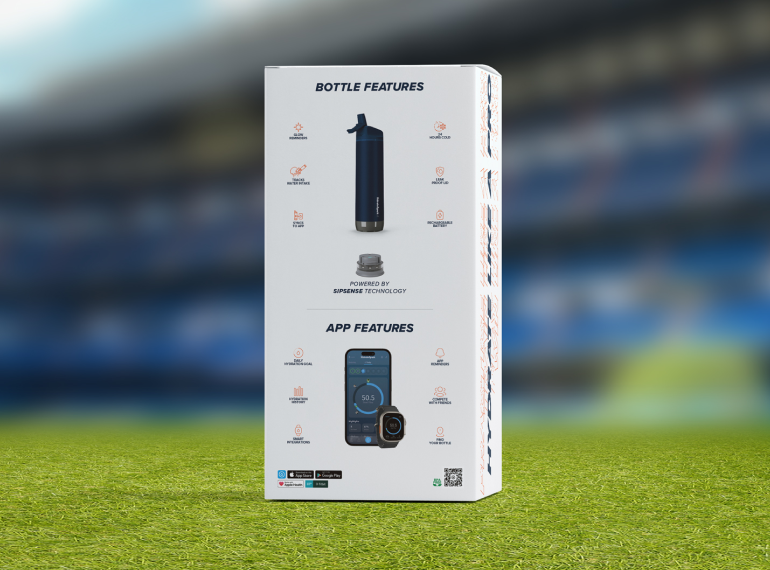 Smart water bottle packaging displaying bottle features, app features, and a companion smartphone and smartwatch app.