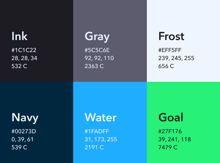 Six-color palette showing Ink, Gray, Frost, Navy, Water, and Goal with hex, RGB, and Pantone color values.