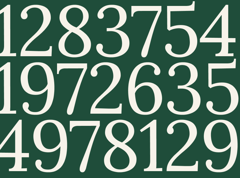 Large cream-colored numbers 1283754, 1972635, and 4978129 on a dark green background