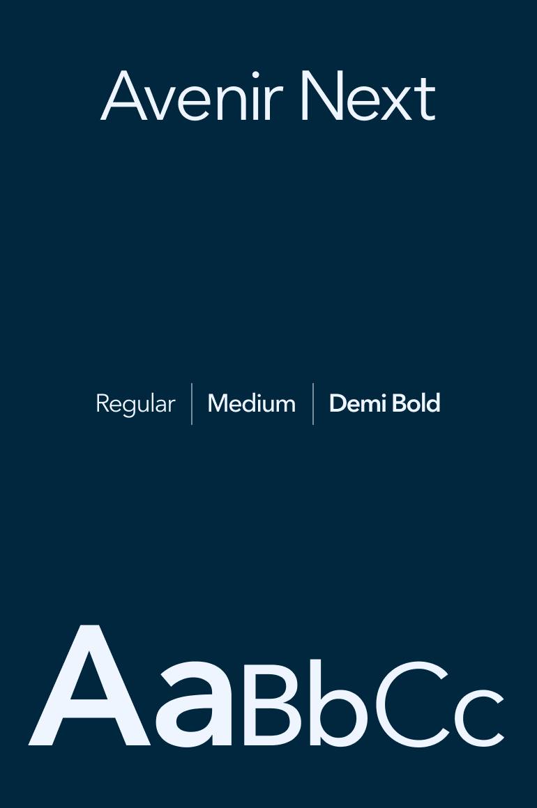Avenir Next font specimen showing the font name, Regular, Medium, and Demi Bold weights, and large AaBbCc letterforms.