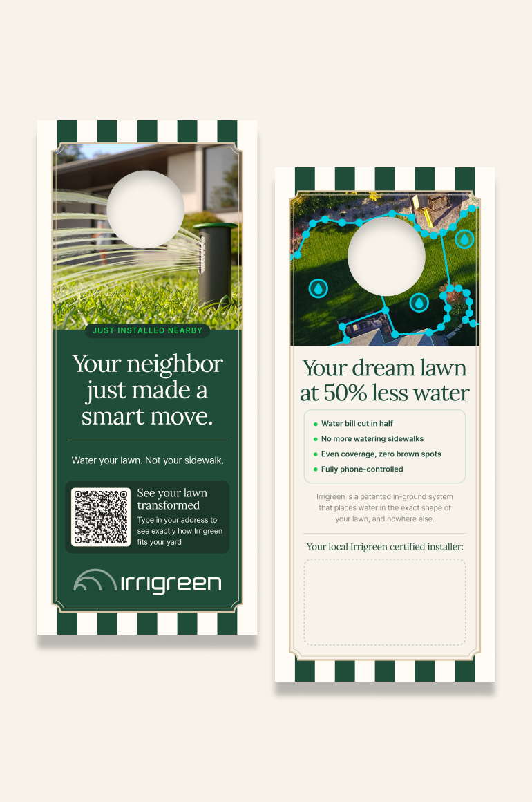 Two Irrigreen lawn irrigation door hangers advertising smart watering, 50% less water usage, a QR code, and phone-controlled installation.
