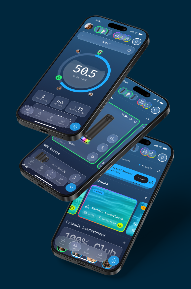 Four overlapping smartphones displaying a colorful fitness and social tracking app, with progress rings, bottle goals, challenges, and leaderboards
