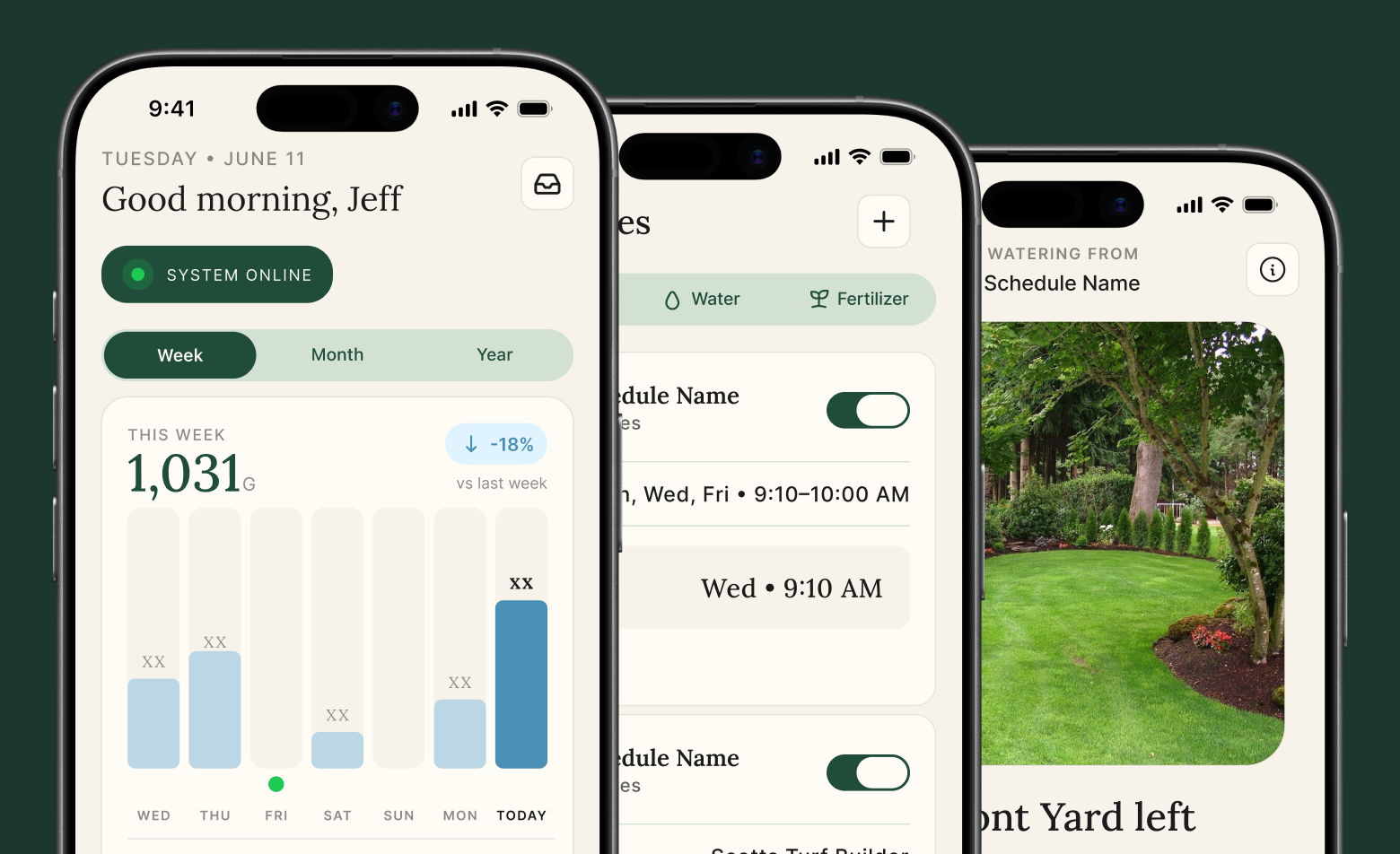 Three smartphone screens displaying a smart lawn watering app, including weekly water usage, irrigation schedules, and a landscaped backyard photo.