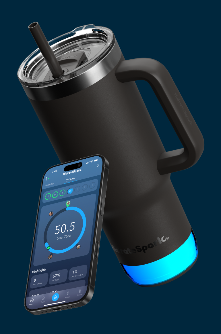 Black HidrateSpark smart water bottle with glowing blue base, straw lid, and hydration tracking app displayed on a smartphone