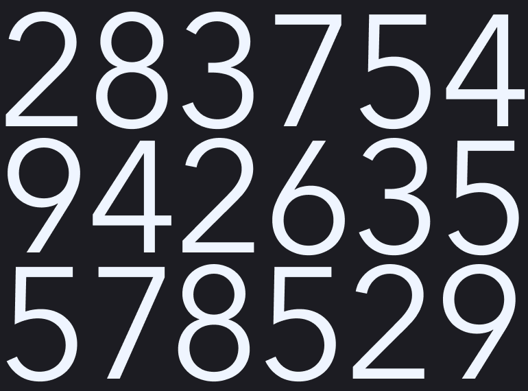 Large white numbers 283754, 942635, and 578529 arranged in three rows on a dark background