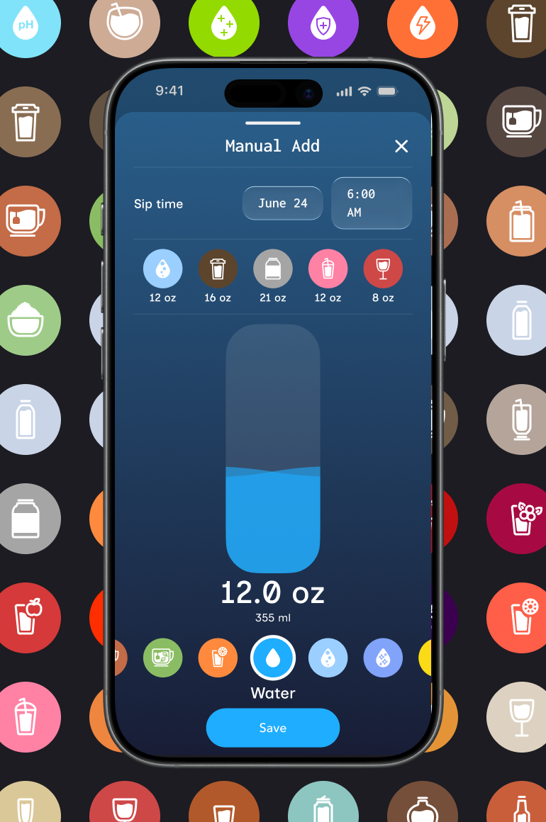 Smartphone displaying a water-tracking app with a manual entry of 12 ounces of water scheduled for June 24 at 6:00 AM.
