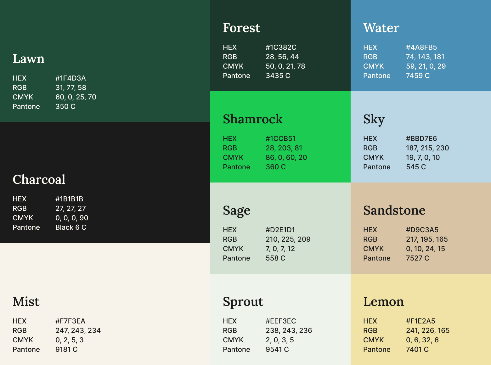 Color palette chart featuring Lawn, Forest, Water, Charcoal, Shamrock, Sky, Mist, Sage, Sandstone, Sprout, and Lemon swatches with HEX, RGB, CMYK, and Pantone values.