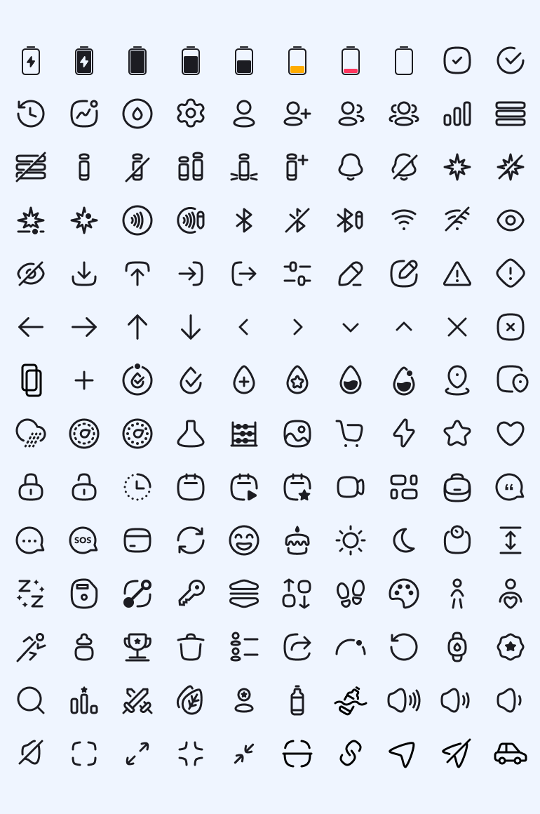 Large grid of black outline user interface icons on a pale blue background, including batteries, checkmarks, users, settings, arrows, alerts, media controls, weather, shopping, travel, and communication symbols.