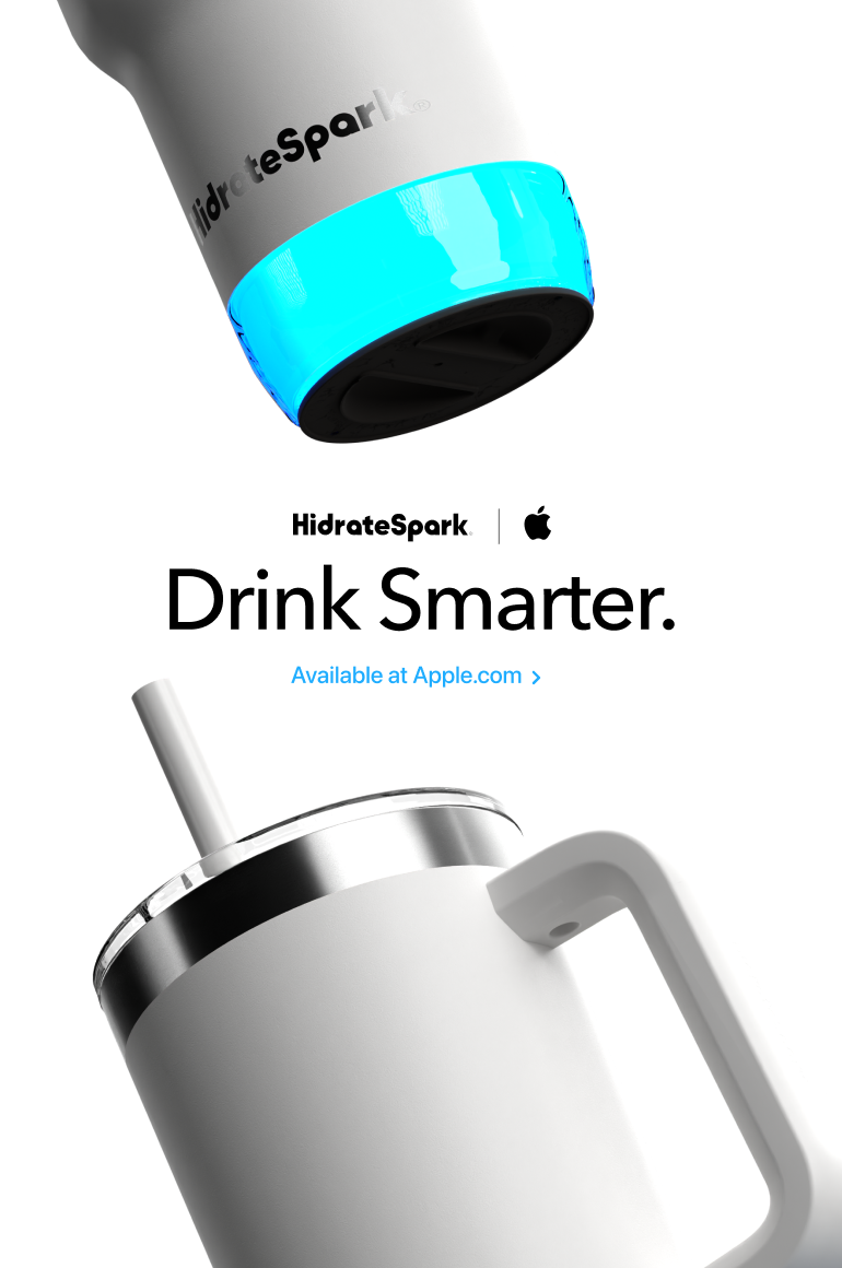 HidrateSpark smart water bottle with glowing blue base and straw cup, advertised with Apple and “Drink Smarter” text