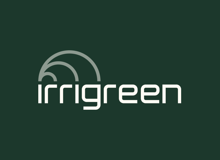 Irigen logo in white and gray on a dark green background