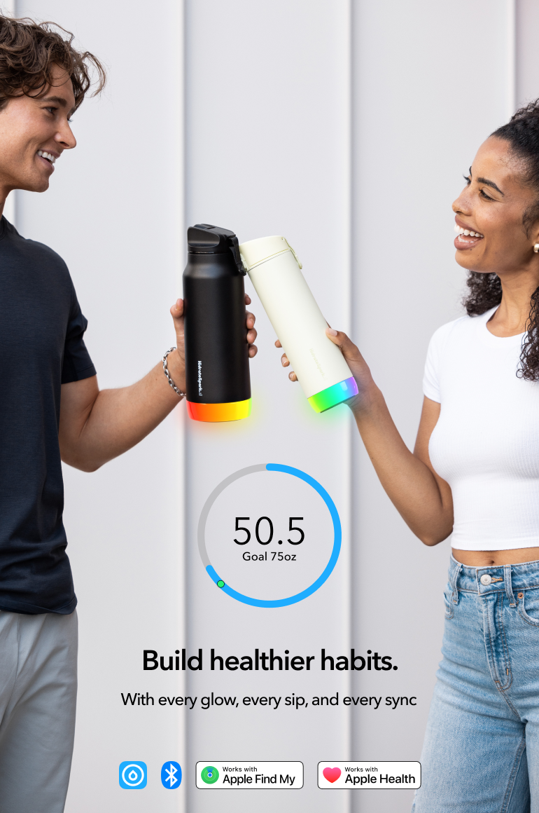 Man and woman holding connected smart water bottles with glowing multicolor bases, health goal graphic, and Apple Find My and Apple Health compatibility badges