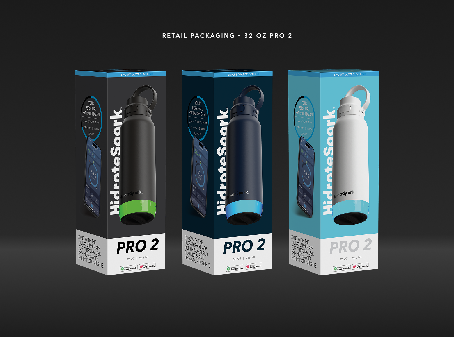 Three HydrateSpark Pro 2 32-ounce smart water bottle packages in black, navy, and white, featuring hydration tracking app integration.