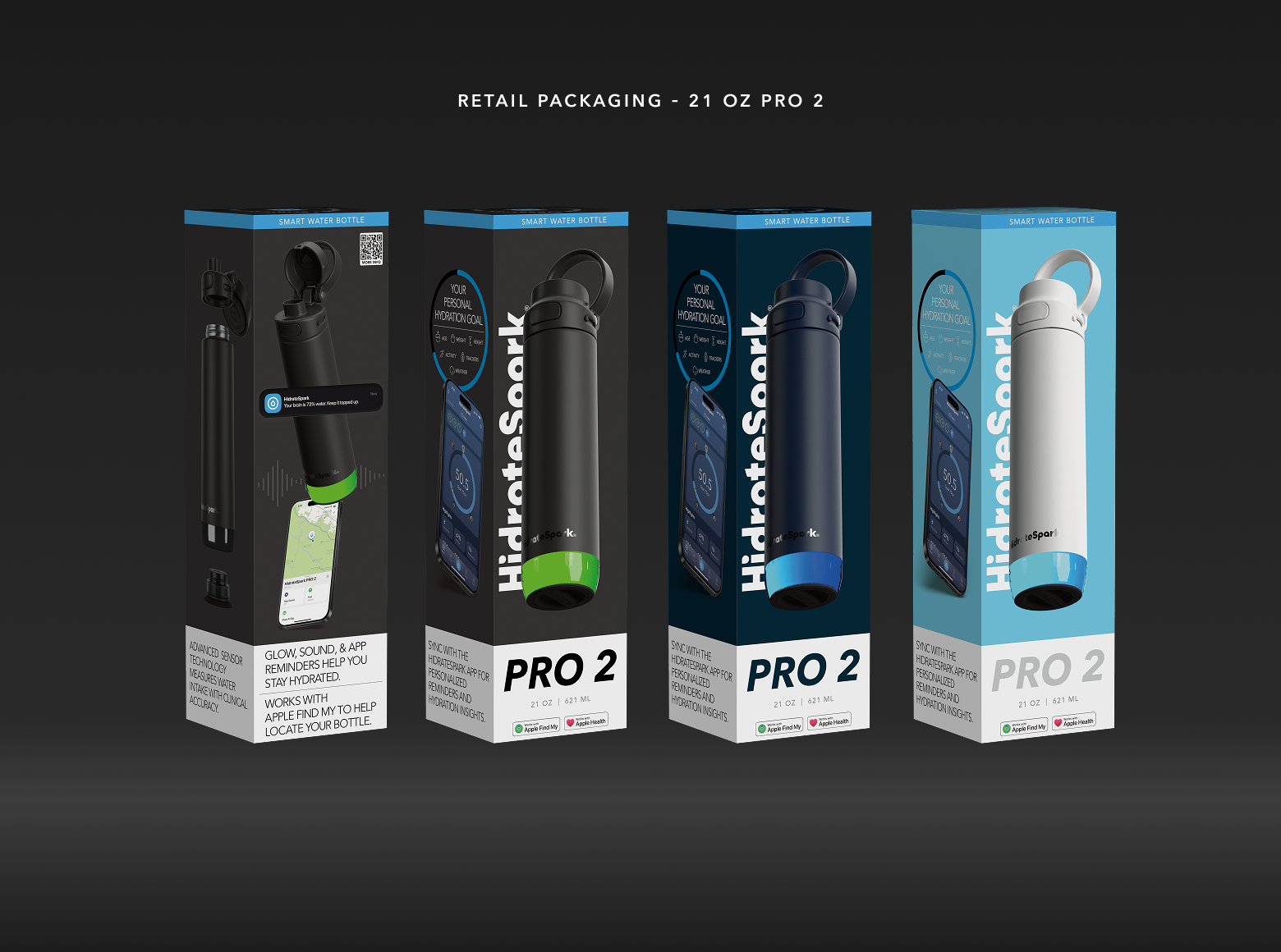 HydraSpark Pro 2 smart water bottle retail packaging in black, navy blue, and white, featuring hydration reminders, app connectivity, and Apple Find My support.